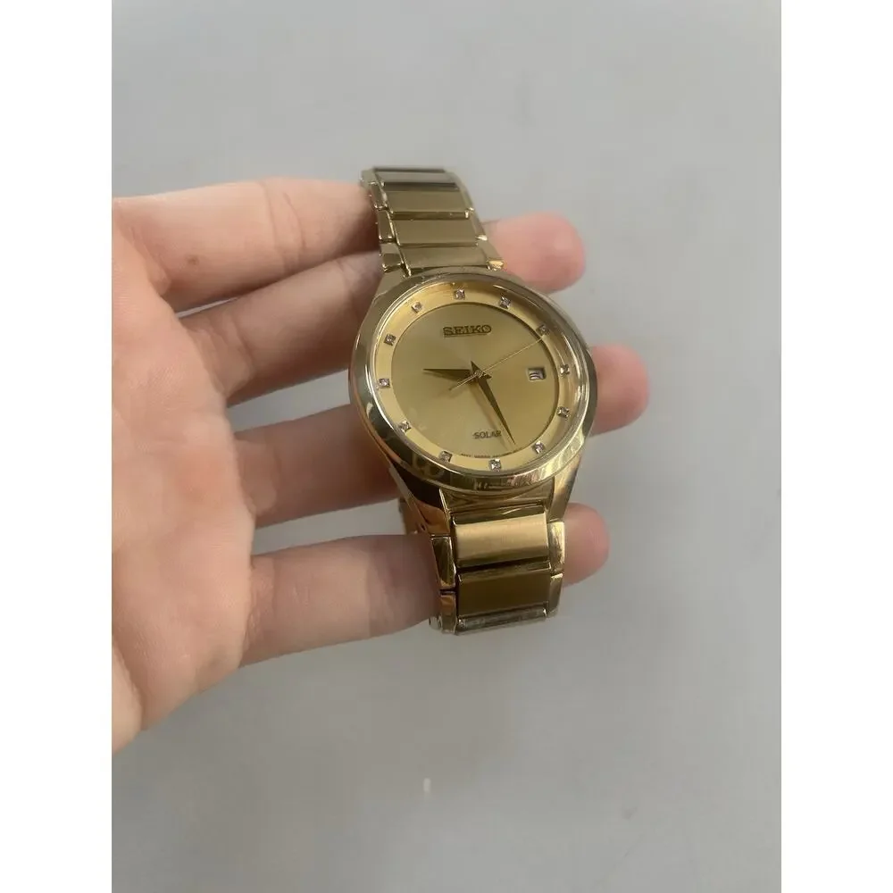 SEIKO Gold Tone‎ Stainless Steel Diamond Dial Solar WATCH Needs Battery